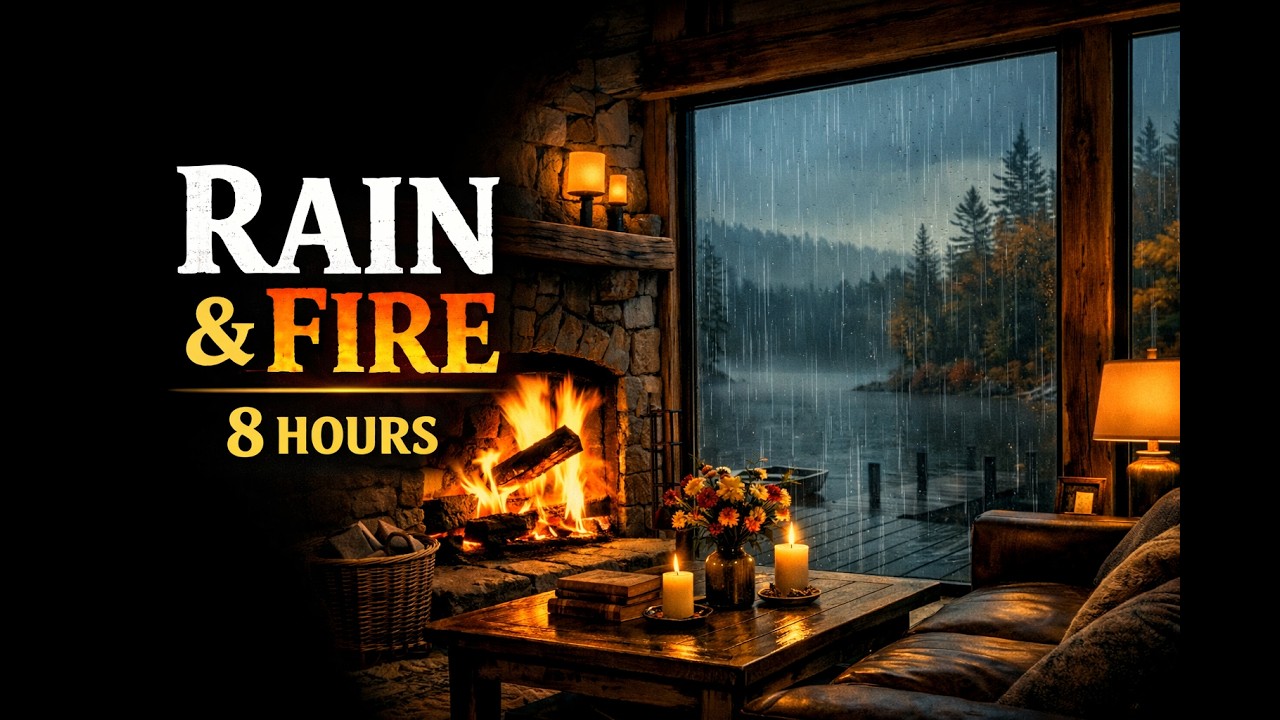 Rain & Fireplace 🌧🔥 Cozy Lakeside Cabin Ambience | 8 Hours
