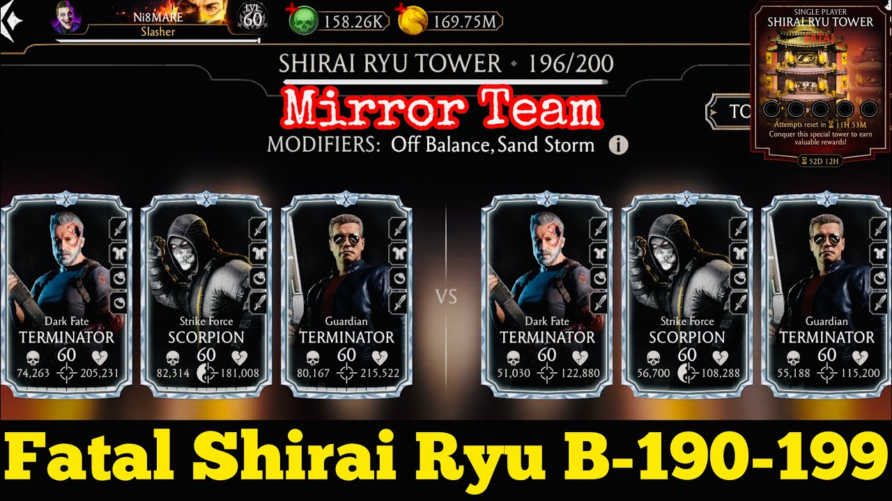 Mirror Team Gameplay | Shirai Ryu Fatal Tower Battle 190-199 Fight + Reward MK Mobile