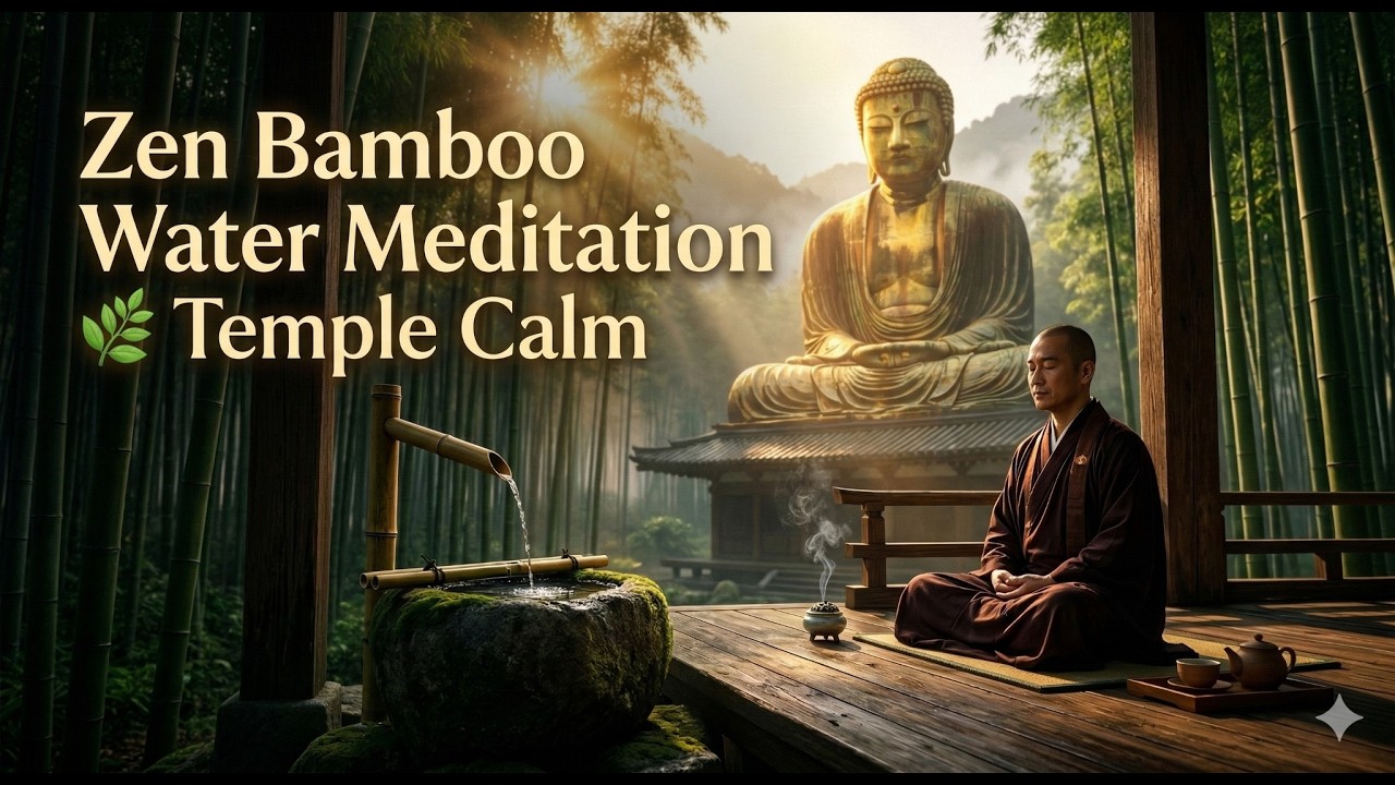 Zen Bamboo Water Meditation 🌿 Temple Calm | Buddha & Monk with Water Sounds