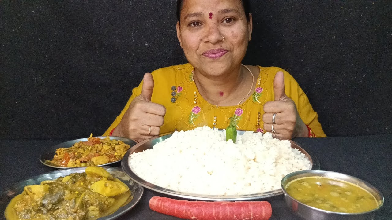 Bigbite Eating With Rice, Dal, Aalu Baigan Palak Ka Sabji And Mix Sabji #rekhakhaokhao 