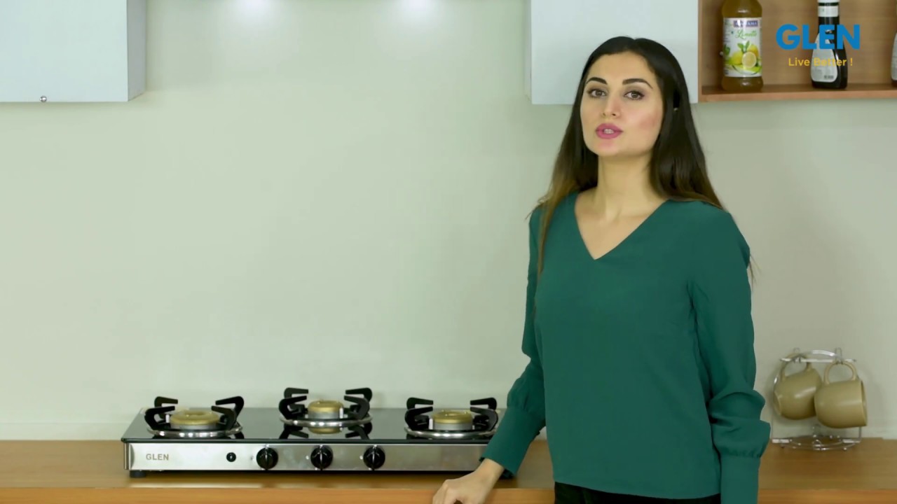 Glen 1033 3 Burners Glass Cooktop, Auto Ignition | Forged brass burners with Double Drip tray