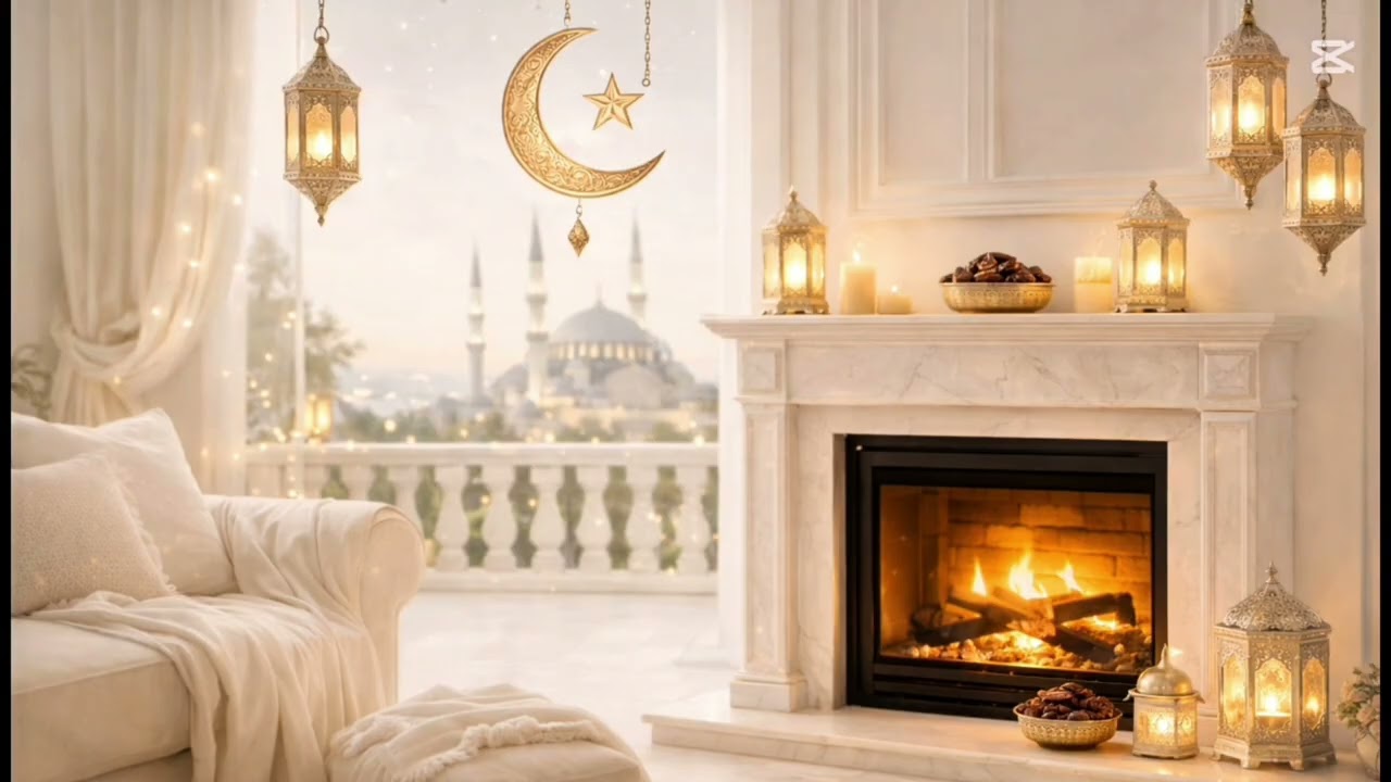 أجواء رمضان الهادئة 🌙✨ ساعة من الدفء والسكينة مع الفوانيس ونار الشومينيه