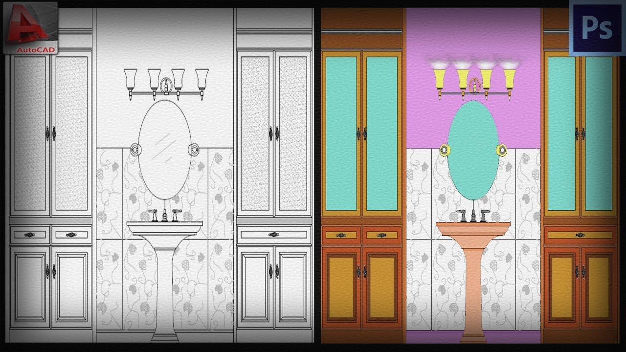 PhotoShop // AutoCad Drawing Rendering Tutorial // Using Only Paint // Bathroom Wall Section