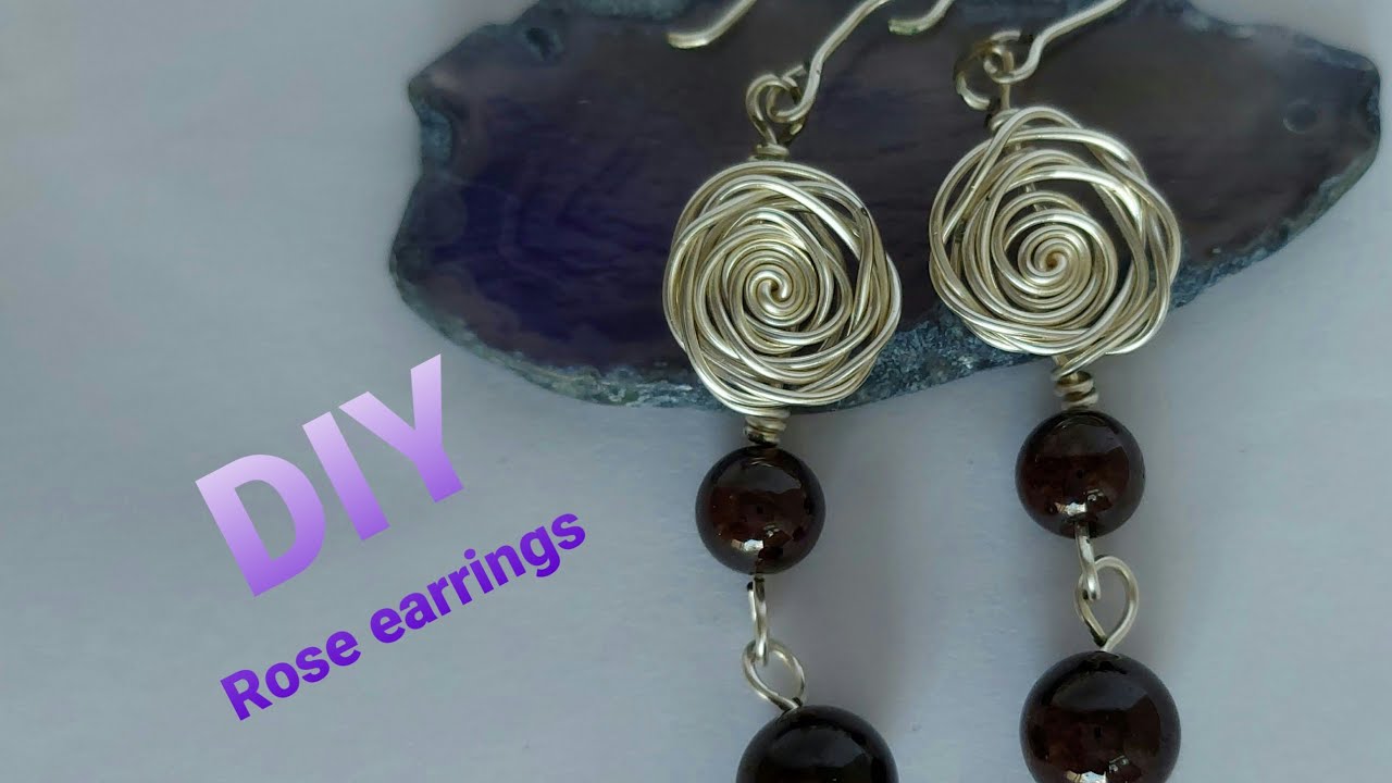 Wirework rose earrings || How to make || copper wire|| Garnet beads 03