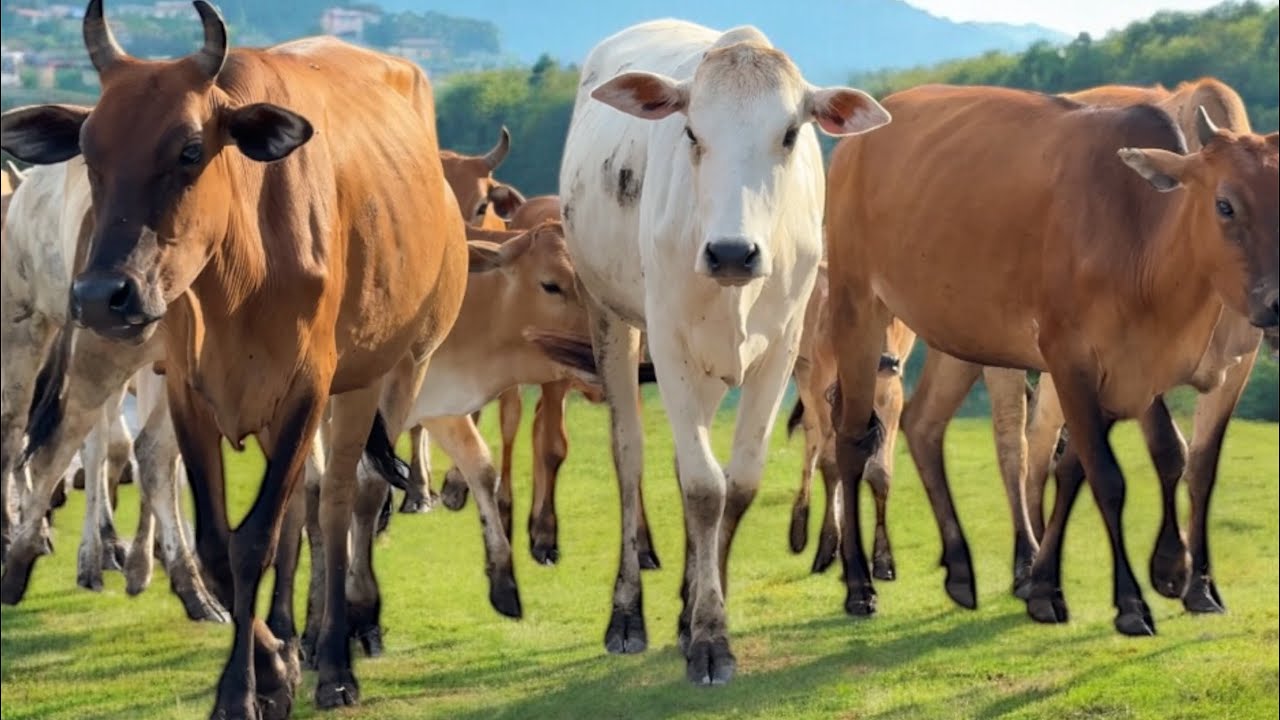 A Herd of Cows Moving Freely Through a Green Countryside Village