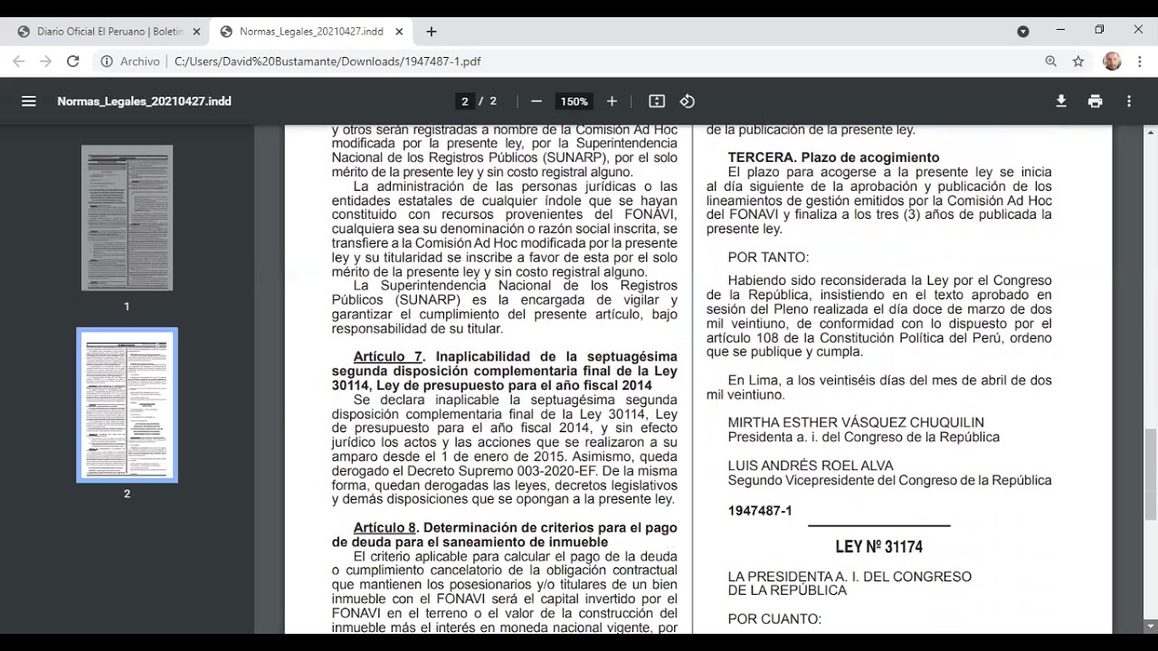 Ley 31173 - Ley que garantiza el cumplimiento de ley 29625, Ley de devoluci&oacute;n del dinero del FONAVI