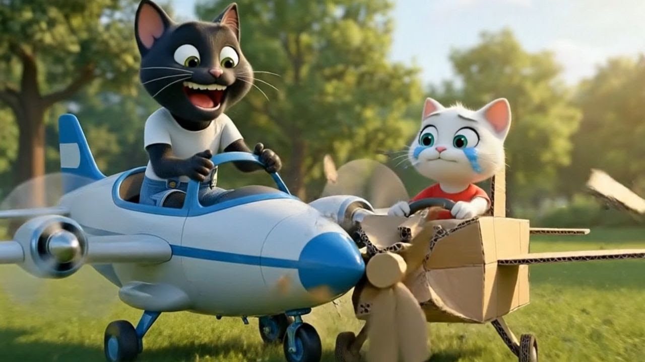 😱  A poor kitten is piloting a cardboard airplane, but a wicked black cat wants to destroy it! 😠