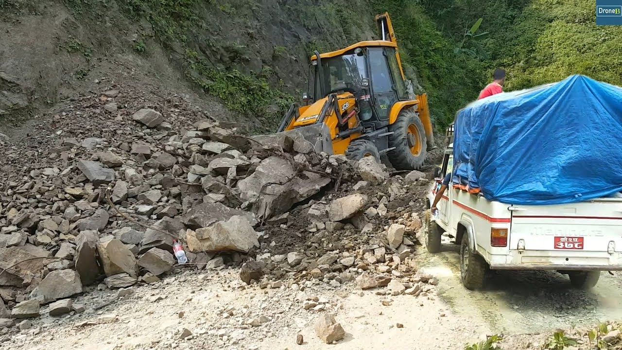 Emergency!! Landslide Removal to Open Hillside Road with Jcb Backhoe
