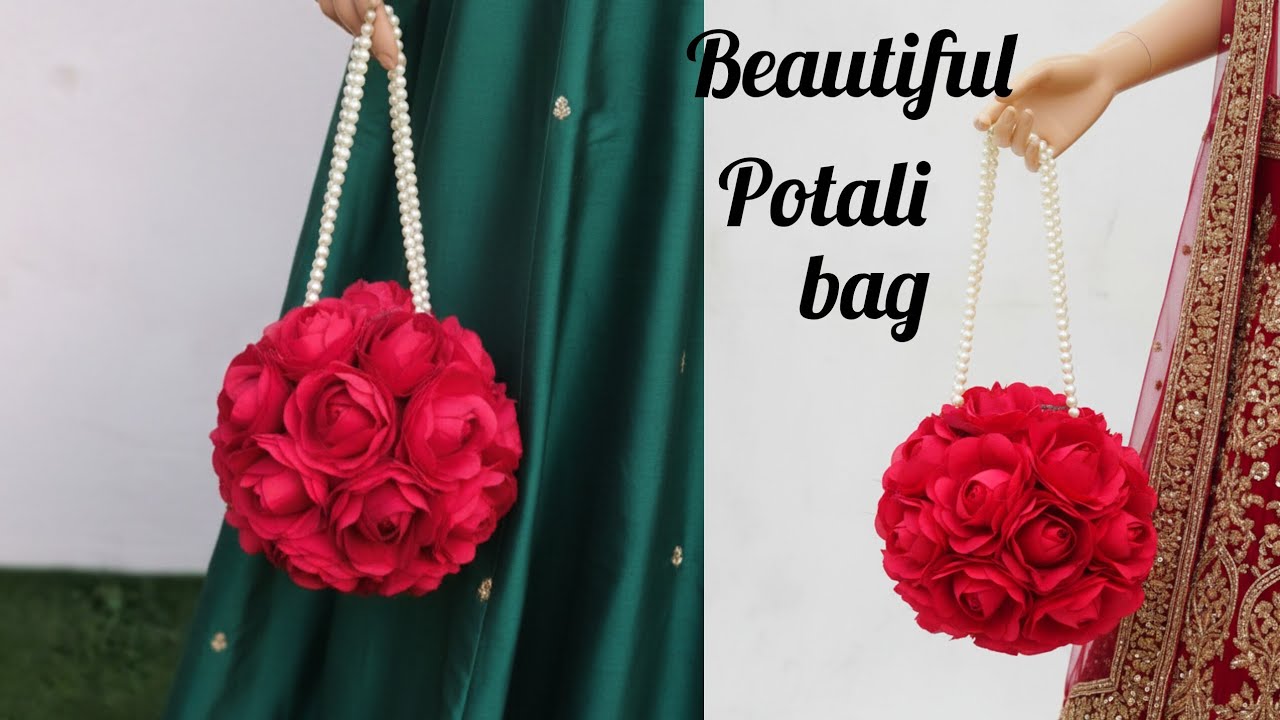Rose potli bag making tutorial / how to make fabric flower potli bag / how to make flower potli bag
