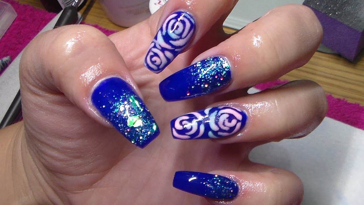 Acrylic Nails | Sculpted Coffin Shape | Blue Nail Design