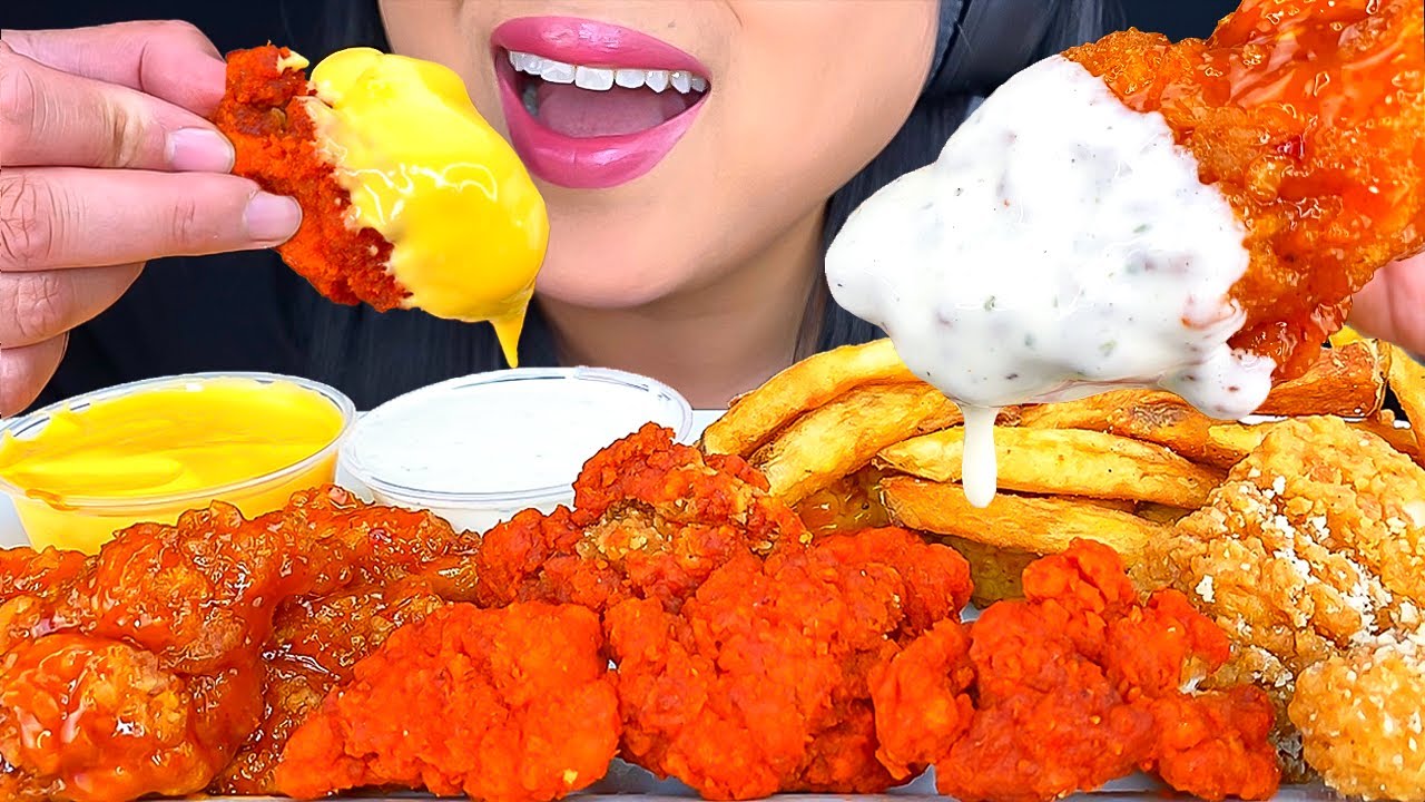 ASMR BONELESS FRIED CHICKEN HOT BUFFALO, HABANERO GARLIC & CHEESY FRIES MUKBANG THIGH STOP ASMR Phan