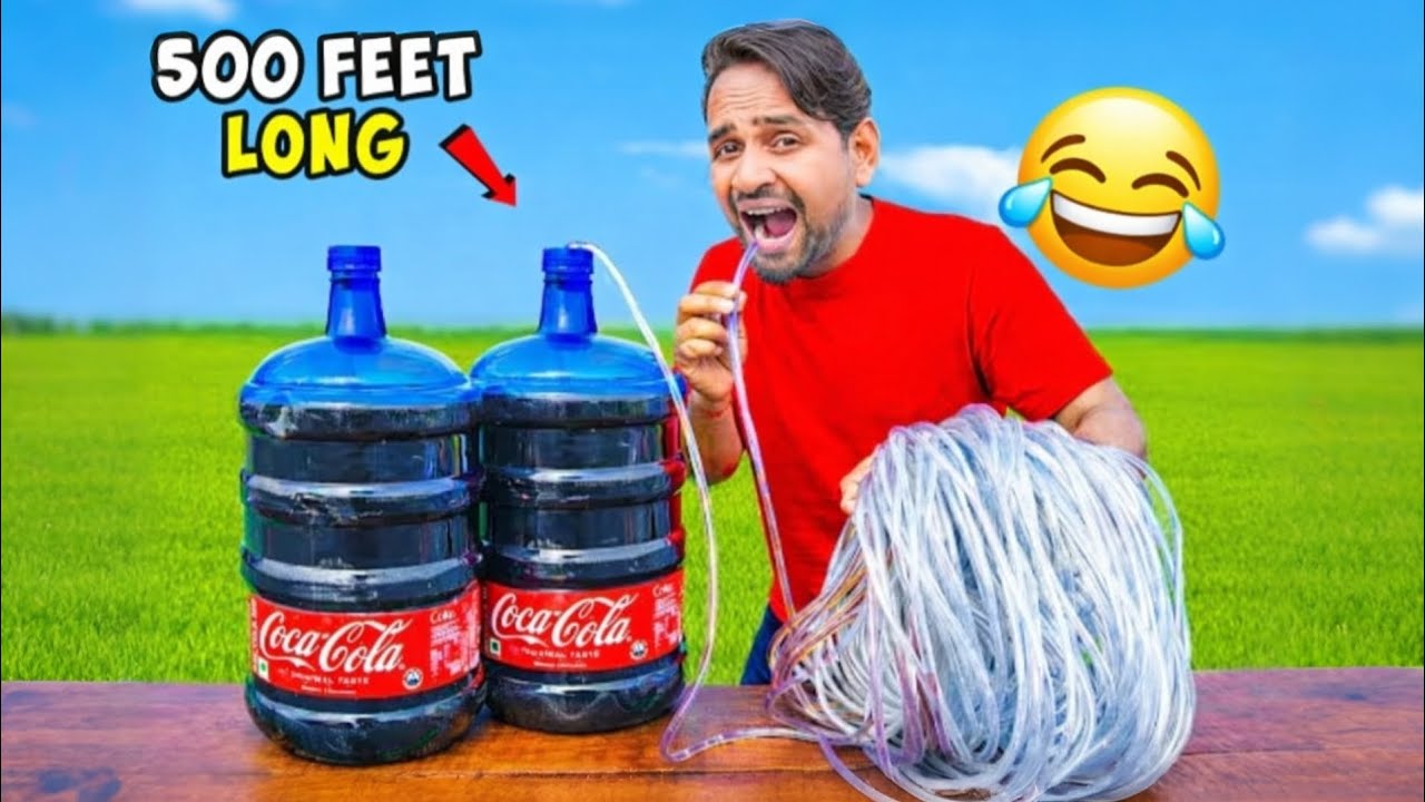 We try world's longest straw ५०० feet 🤯 क्या 500 फिट से कोल्ड ड्रिंग पी सकते है ? 