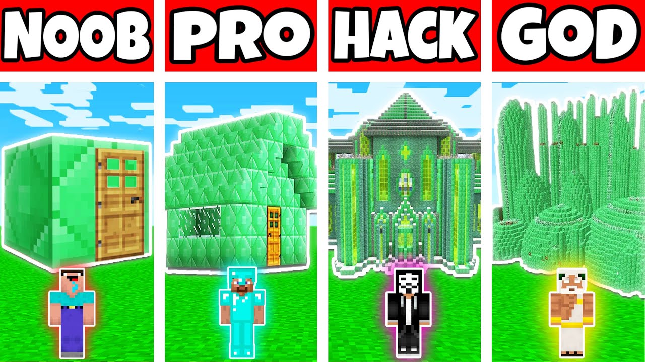 Minecraft: EMERALD HOUSE BUILD CHALLENGE - NOOB vs PRO vs HACKER vs GOD in Minecraft