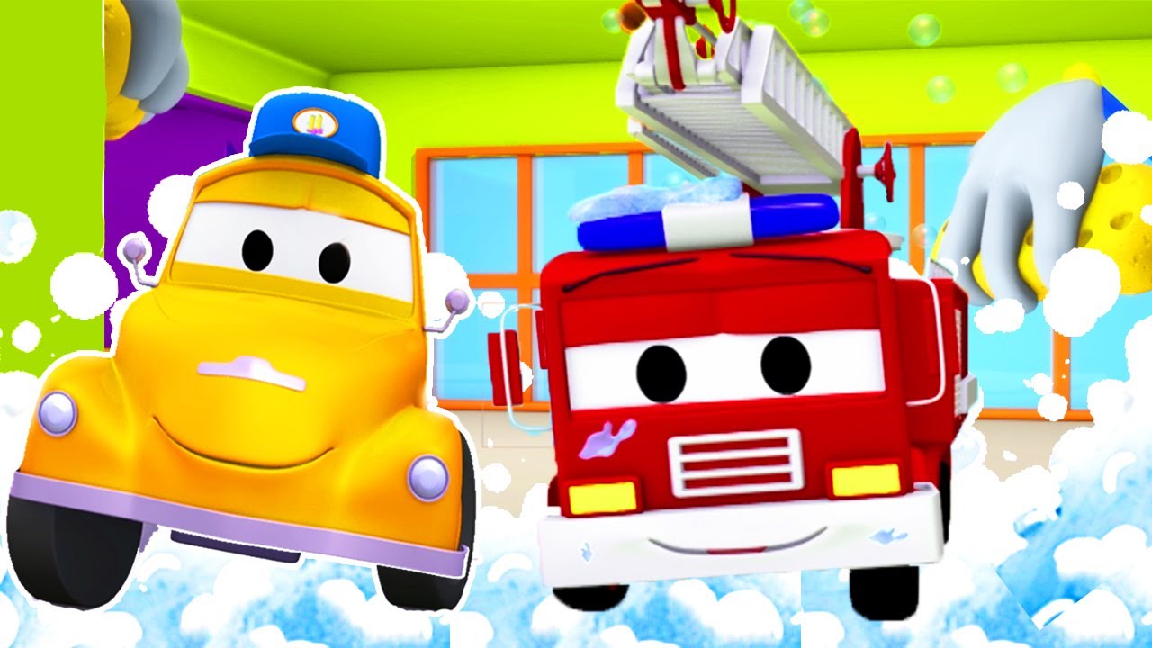 Frank das Feuerwehrauto Tom der Abschelppwagens Autowaschanlage in Car City 💧 Cartoons für Kinder