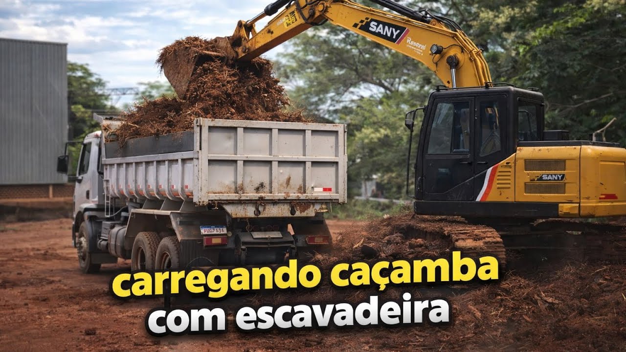 Limpeza de vegetal com escavadeira e caçamba