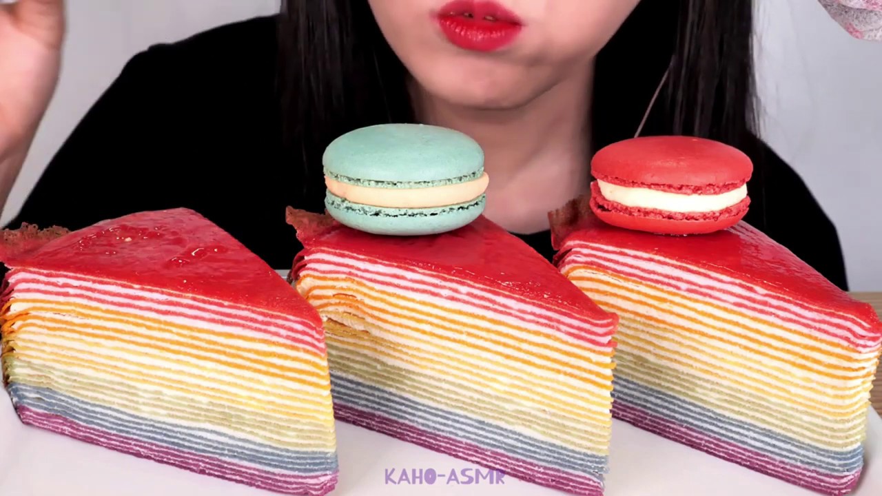 BITES ONLY  RAINBOW CREPE CAKES & MACARONS // Zoey ASMR 조이