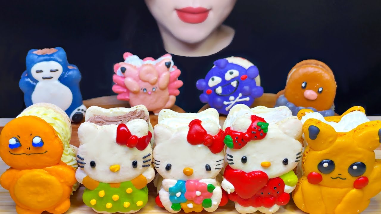 ASMR CHARACTER MACARON*HELLO KITTY,POKEMON,FATCARON EATING SOUNDS MUKBANG, 캐릭터 마카롱*헬로키티,포켓몬,뚱카롱 먹방🌈💖