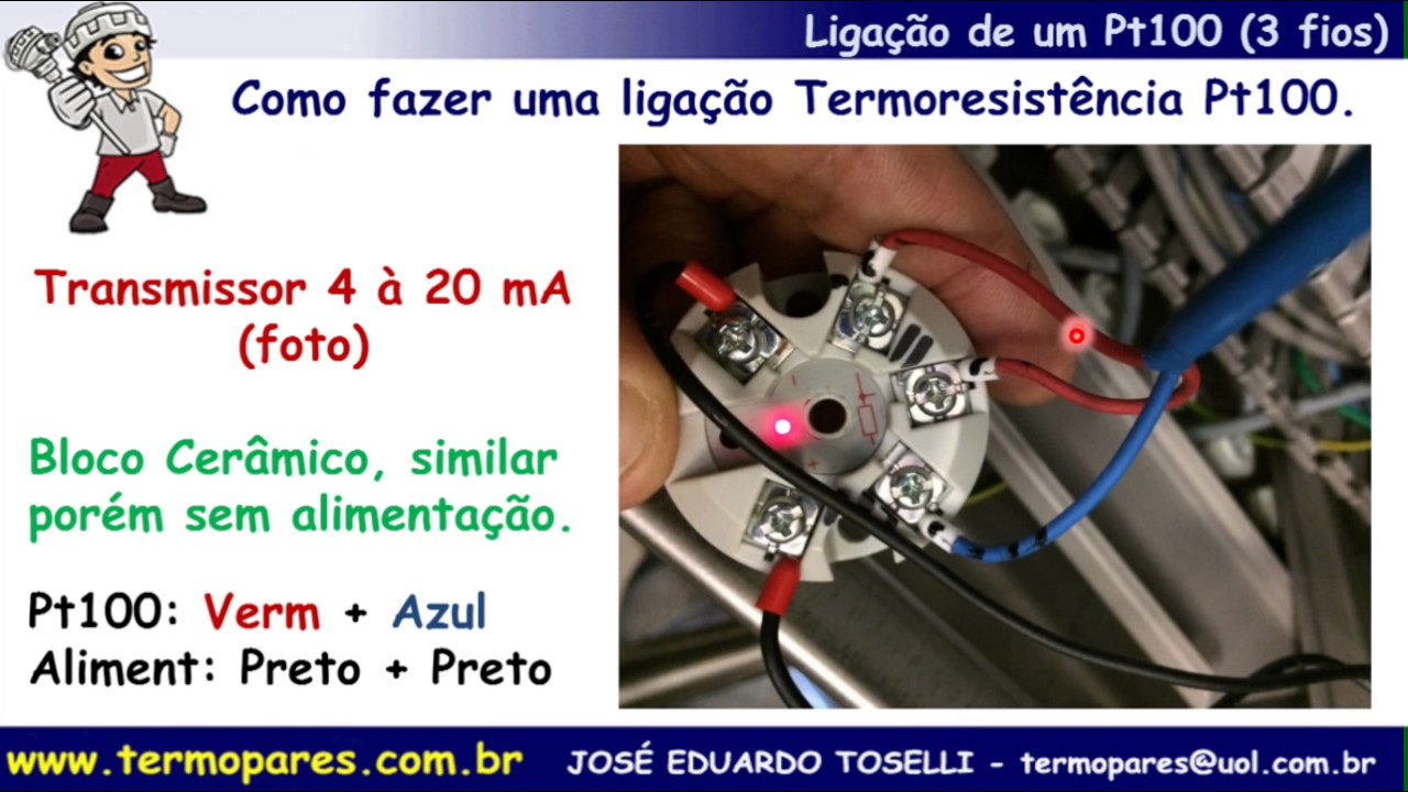Como ligar Termoresistencia Pt100 3 fios bloco cerâmico e transmissor