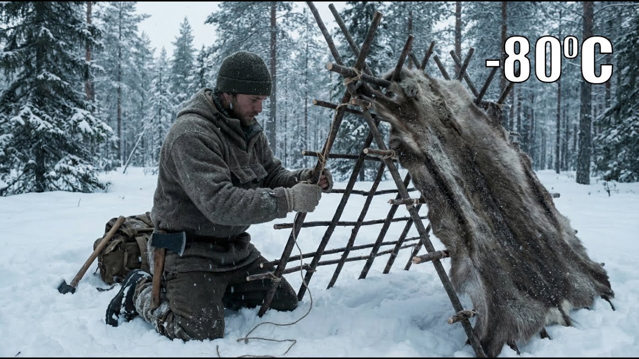 Extreme Snow Survival: Building a Cabin and Rope Bridge at -80°C #WolfAttack #Yakutia #Siberia