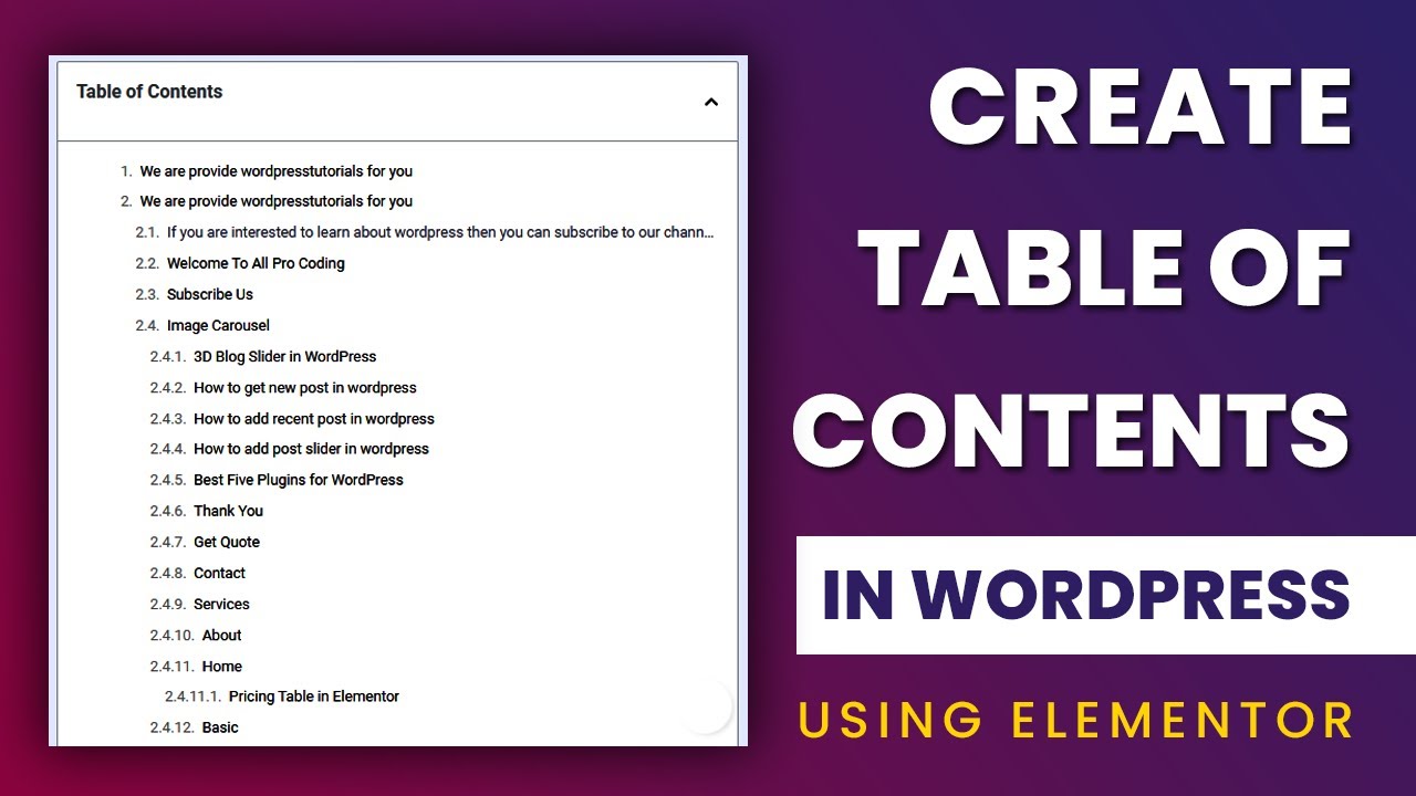 How to add table of contents in WordPress without plugin | Table of Contents in Elementor free