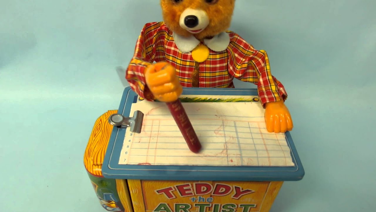 VINTAGE YONEZAWA JAPAN TEDDY BEAR ARTIST TIN BATTERY OPERATED TOY