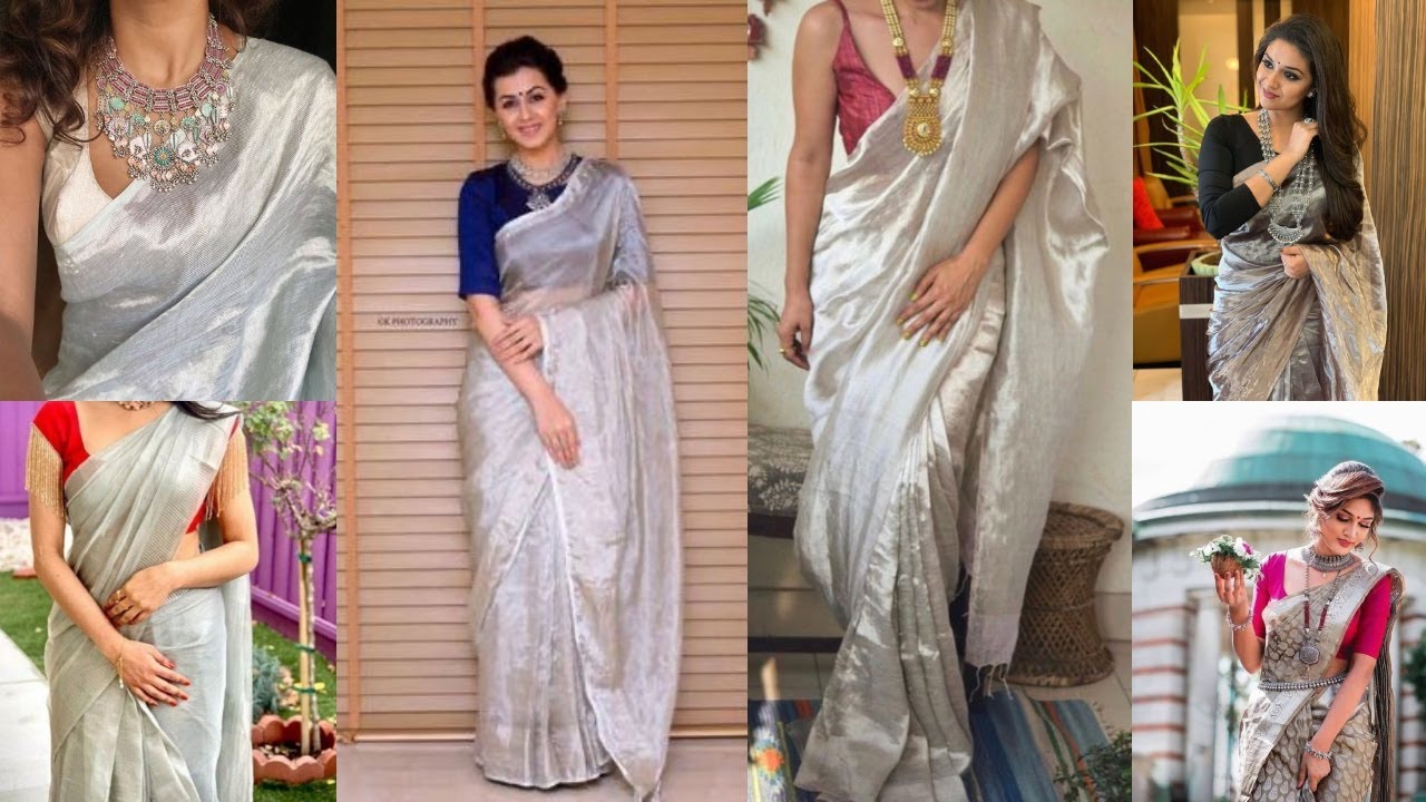 Latest SILVER sarees with contrast blouse ideas for a Gorgeous Look, Trending Silver sarees