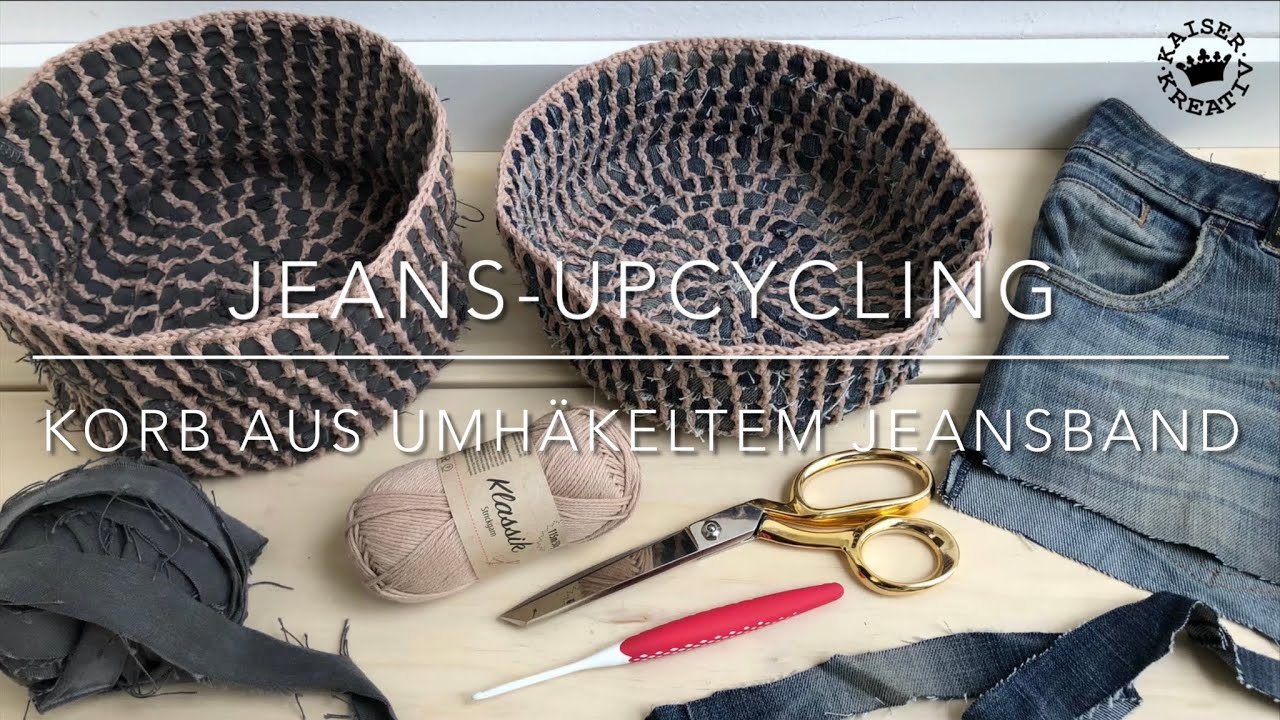 Jeans Upcycling - Korb aus umh&auml;keltem Jeansband