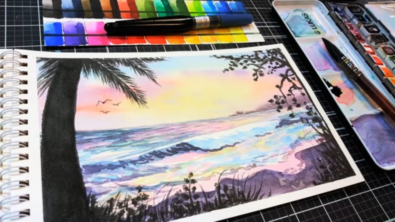 I Found an Ink Filled Brush! Let's Use it with 3 other Colors in a Watercolor Seascape!