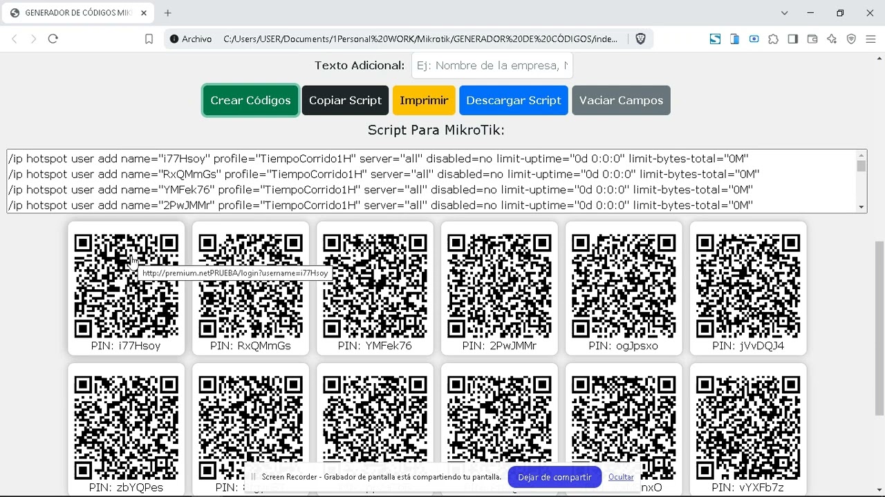 Generador de Fichas Usuarios y Contraseñas QR Para Hotspot Mikrotik