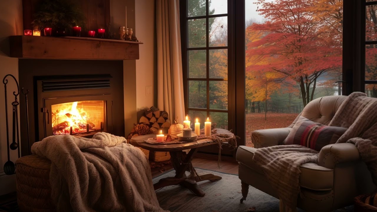 Cozy Cabin Fireplace Sounds with Autumn Leaves