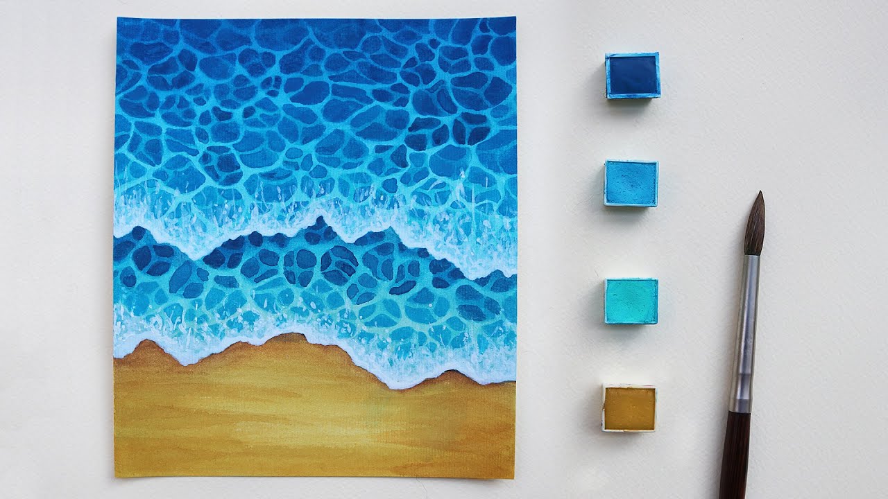 تعلم الرسم : كيف ترسم امواج البحر بالالوان المائية 🌊 | رسم منظر طبيعي خطوة بخطوة