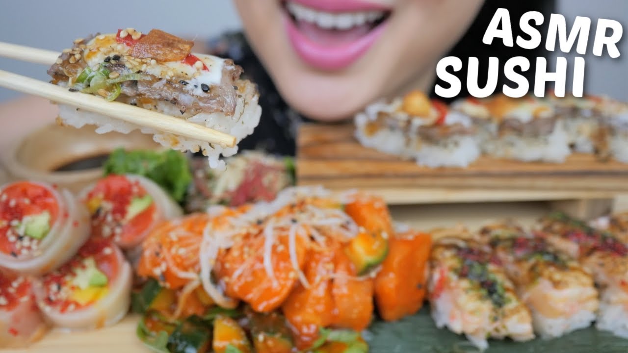 SUSHI ASMR *BEEF Oshi Scallop Oshi Sushi, CAS Sashimi Roll with Spicy Salmon Sashimi NO Talking | NE