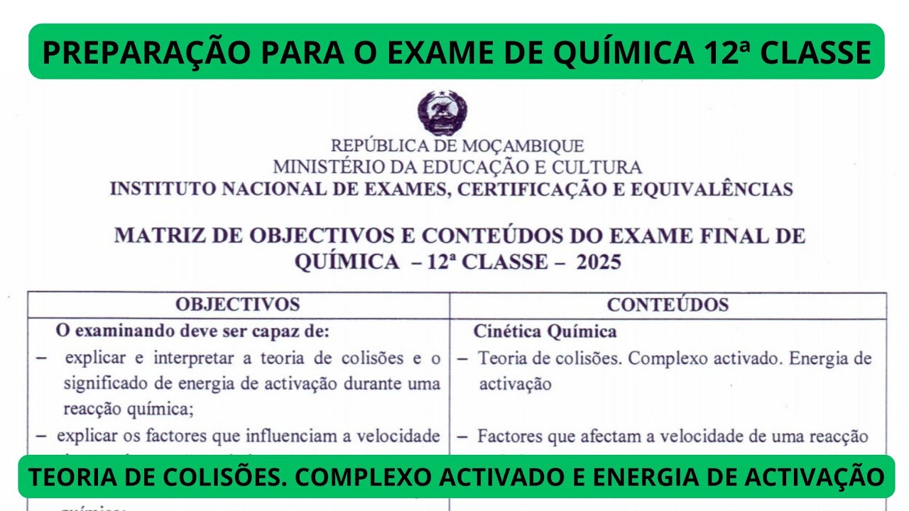 TEORIA DE COLISÕES, COMPLEXO ACTIVADO E ENERGIA DE ACTIVAÇÃO | MATRIZ DE QUÍMICA 12ª CLASSE 2025