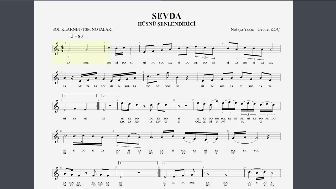 SEVDA  - HÜSNÜ ŞENLENDİRİCİ NOTA SOLFEJ