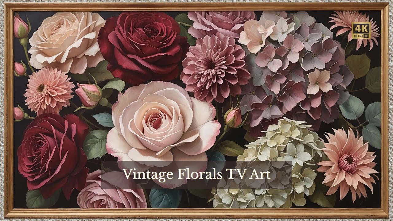 VINTAGE TV ART OIL PAINTING SCREENSAVER BACKGROUND FRAMED ELEGANT ROSES HYDRANGEA WALLPAPER 4K