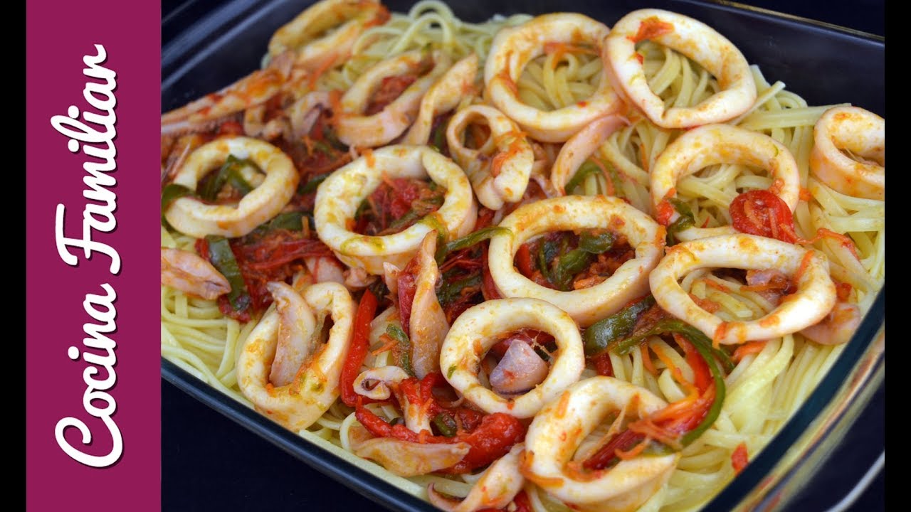 Espaguetis con calamares y verdura. Recetas para dieta