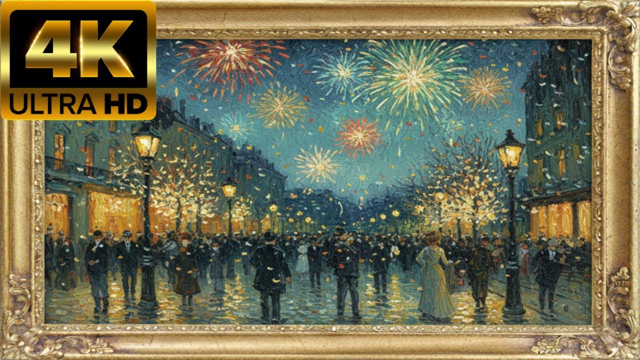 Antique Frame | New Year's Eve Midnight Celebration 4K | Festive Fireworks Cityscape Ambience