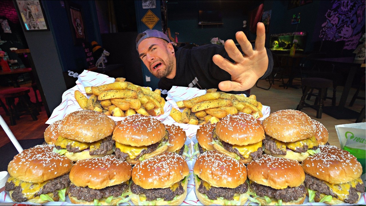 The UNBEATABLE 16 BURGERS & 5LB FRIES BURGER CHALLENGE | Joel Hansen