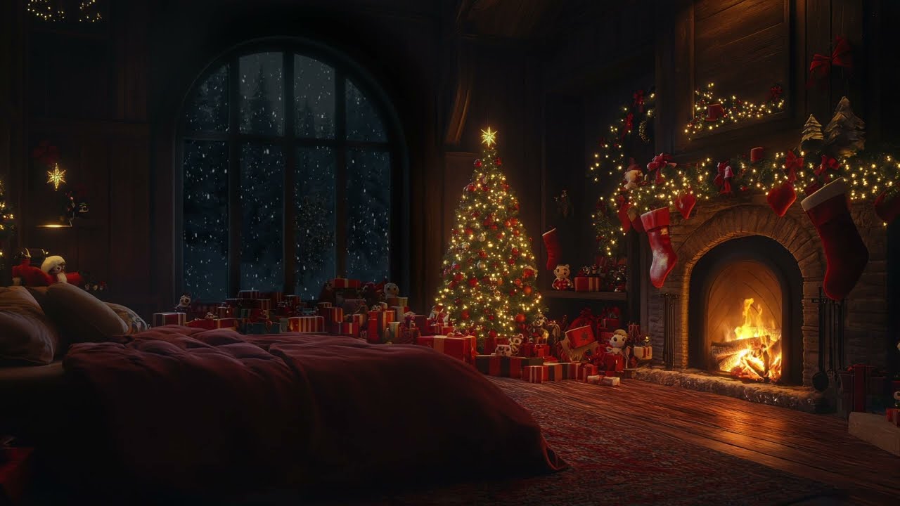 ✨Tranquil Bedroom Christmas Ambience☕Warm Fireplace Sounds & Snowfall Outside for Healing Nights🎄