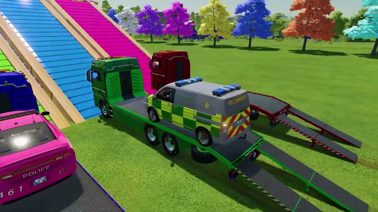 TRANSPORTING PIXAR CARS & FRUITS WITH COLORED & JOHN DEERE vs CLAAS vs TRACTORS - BeamNG.drive #983