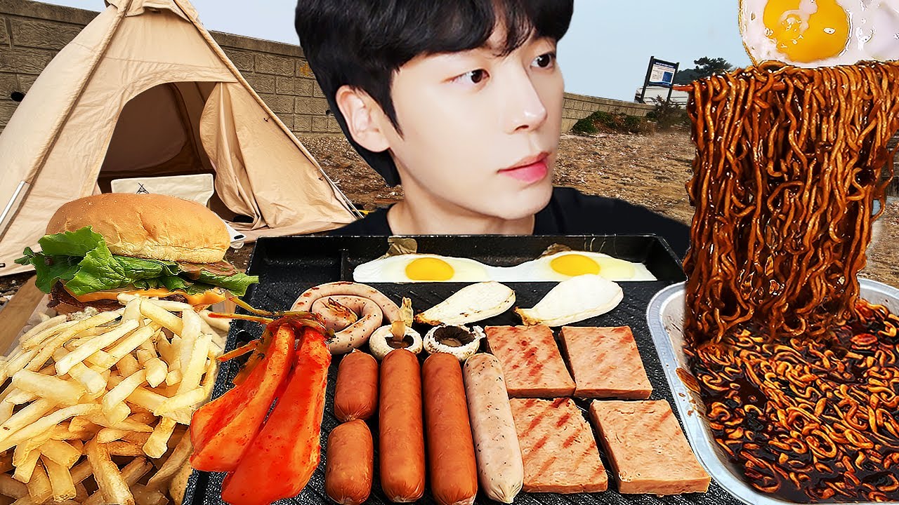 ASMR MUKBANG | BBQ  black bean noodle, Burger, French fries,egg, spam  recipe ! eating Camping