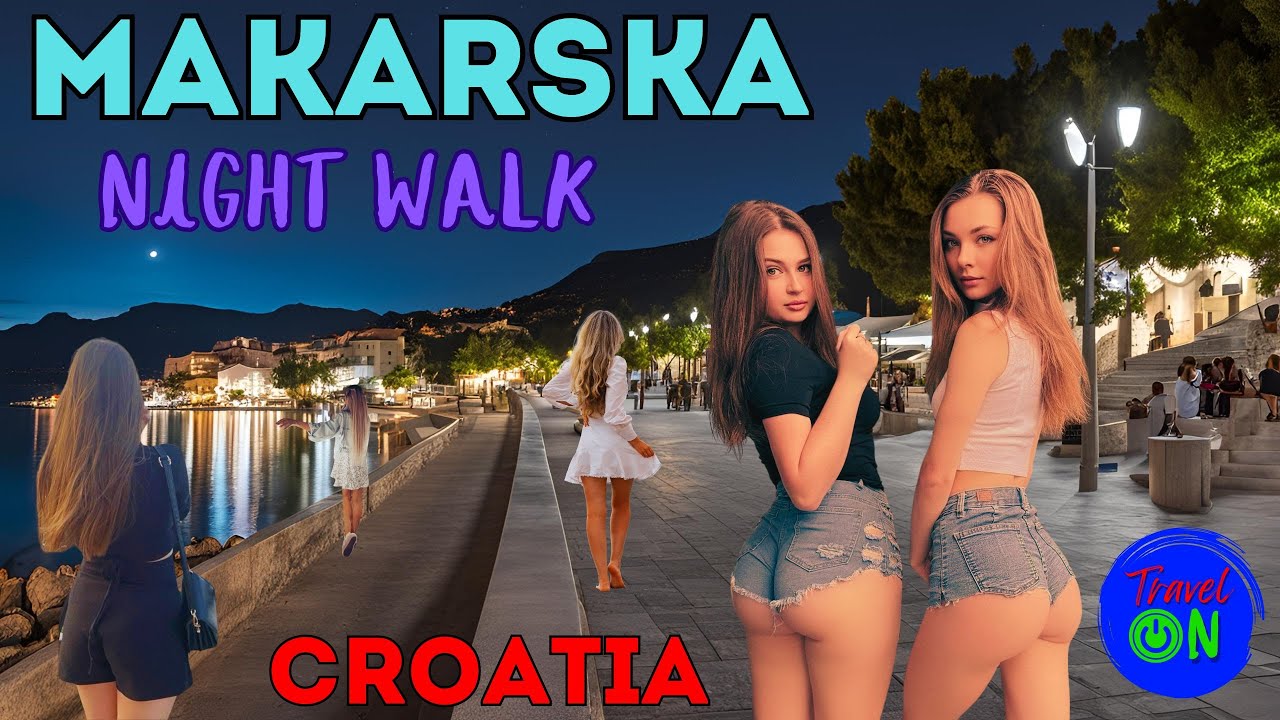 Walk along the evening embankment and night Makarska. Croatia at night in 4K