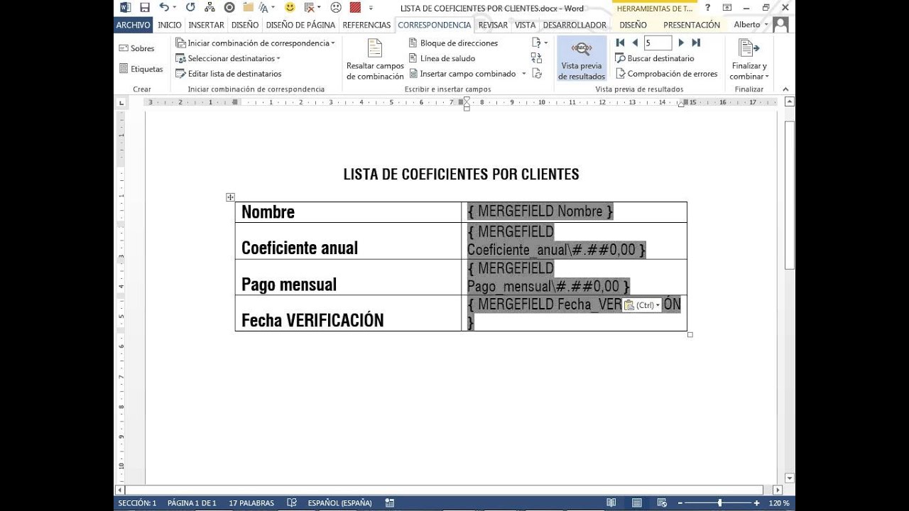 Combinar correspondencia en Word: Modificar los formatos de los campos numéricos y de fecha.