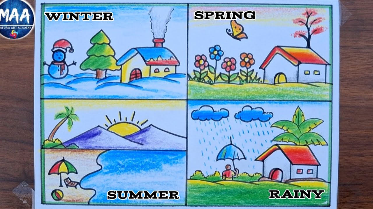 Four Seasons Drawing | How to Draw Four Seasons for kids | Weather Season Drawing Idea 