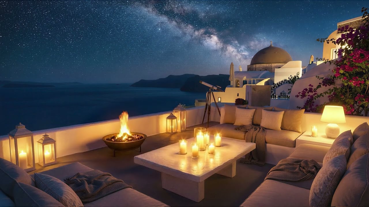Warm Santorini Balcony Night | Ocean Waves & Candlelight Ambience | 4K 8 Hours