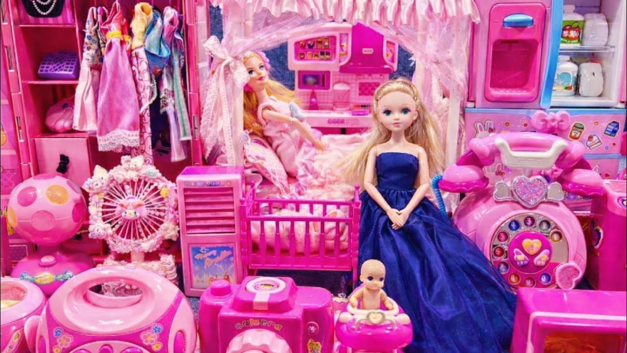 15 Minutes Satisfying with Unboxing Pink Barbie Doll Bedroom Playset, Kitchen Collection,Review Toys