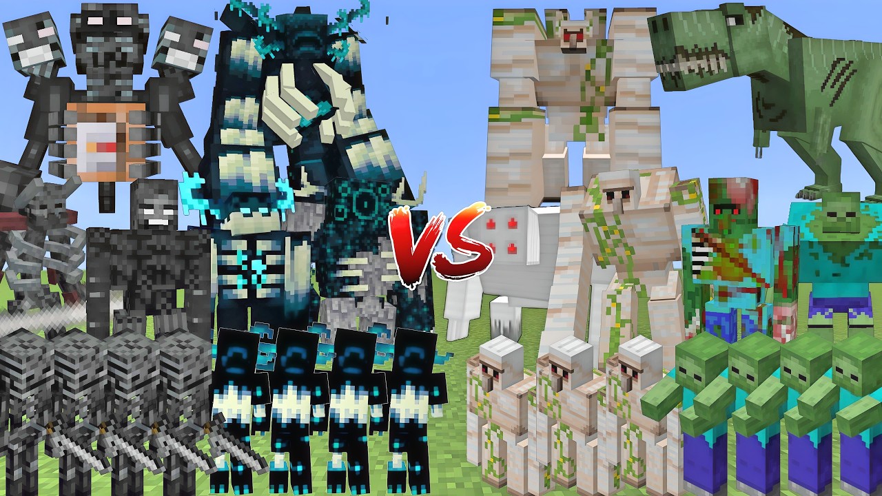 WITHER SKELETONS & WARDENS ALLIANCE Vs IRON GOLEMS & ZOMBIES ALLIANCE MOBS BATTLE IN MINECRAFT