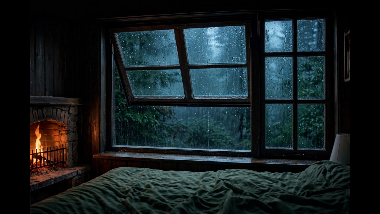 3 Hours Cozy Rain & Fireplace Sounds for Deep Sleep | Cabin Bedroom Ambience