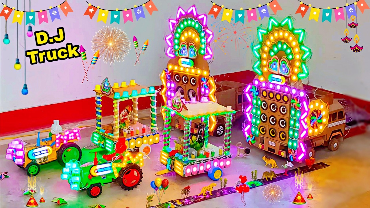 DJ Truck Cardboard ShivKaali DJ Stage Trolly At Home | Mini Dj Truck Radha Krishna Pooja Dj Light