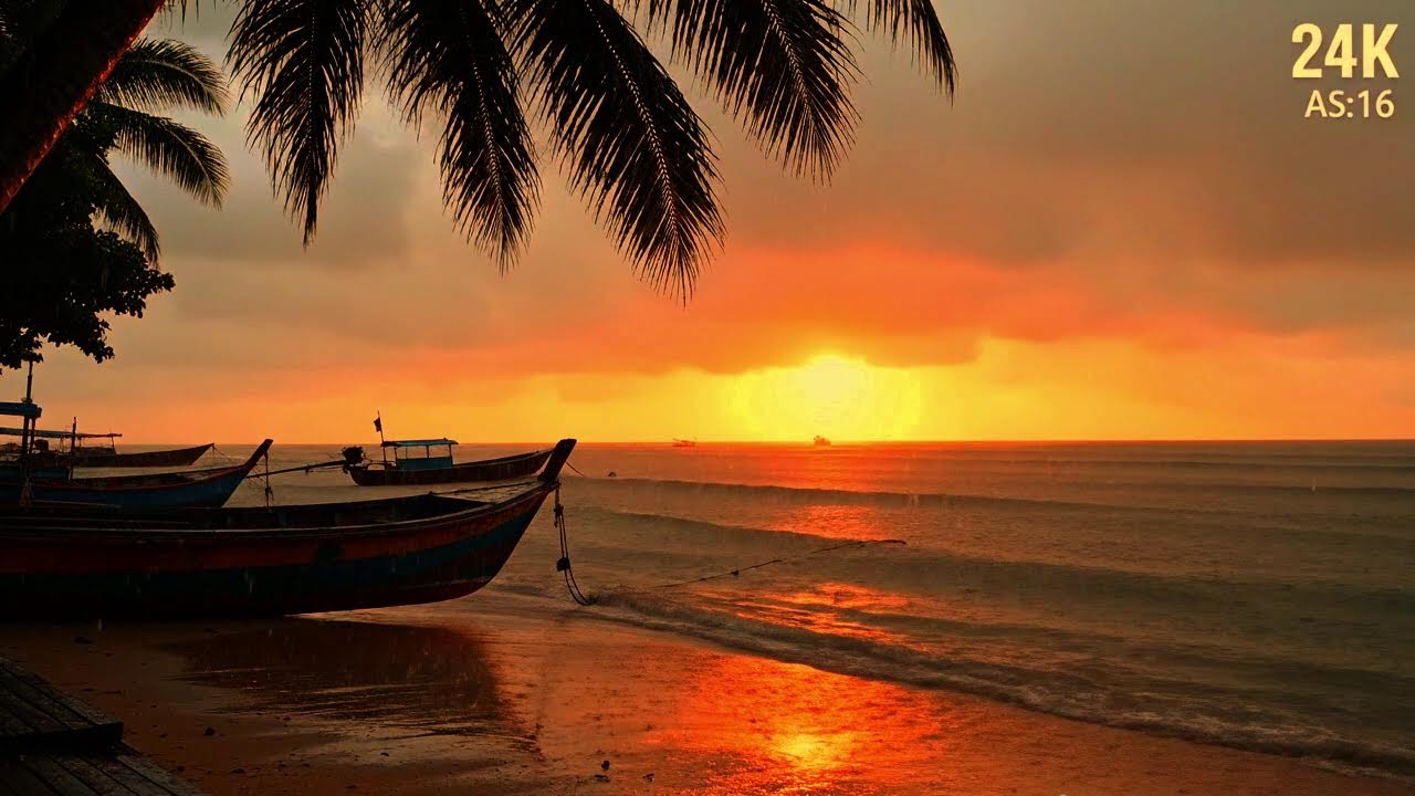 24/7 LIVE 🌊 Peaceful Rain on Beach with Boats | Relaxing Waves & Rain Sounds 4K UHD